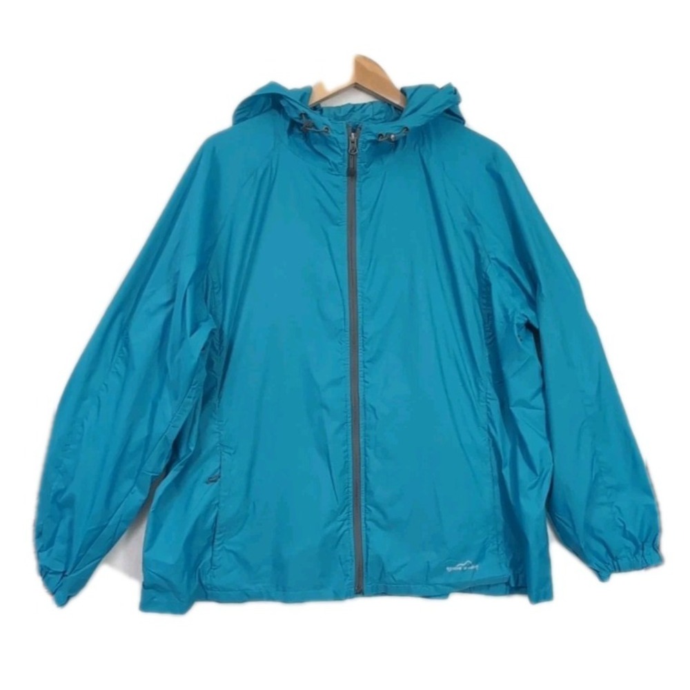 Eddie Bauer Windbreaker Jacket Women 2XL Blue Hood Nylon Outdoor Gorpcore Vented